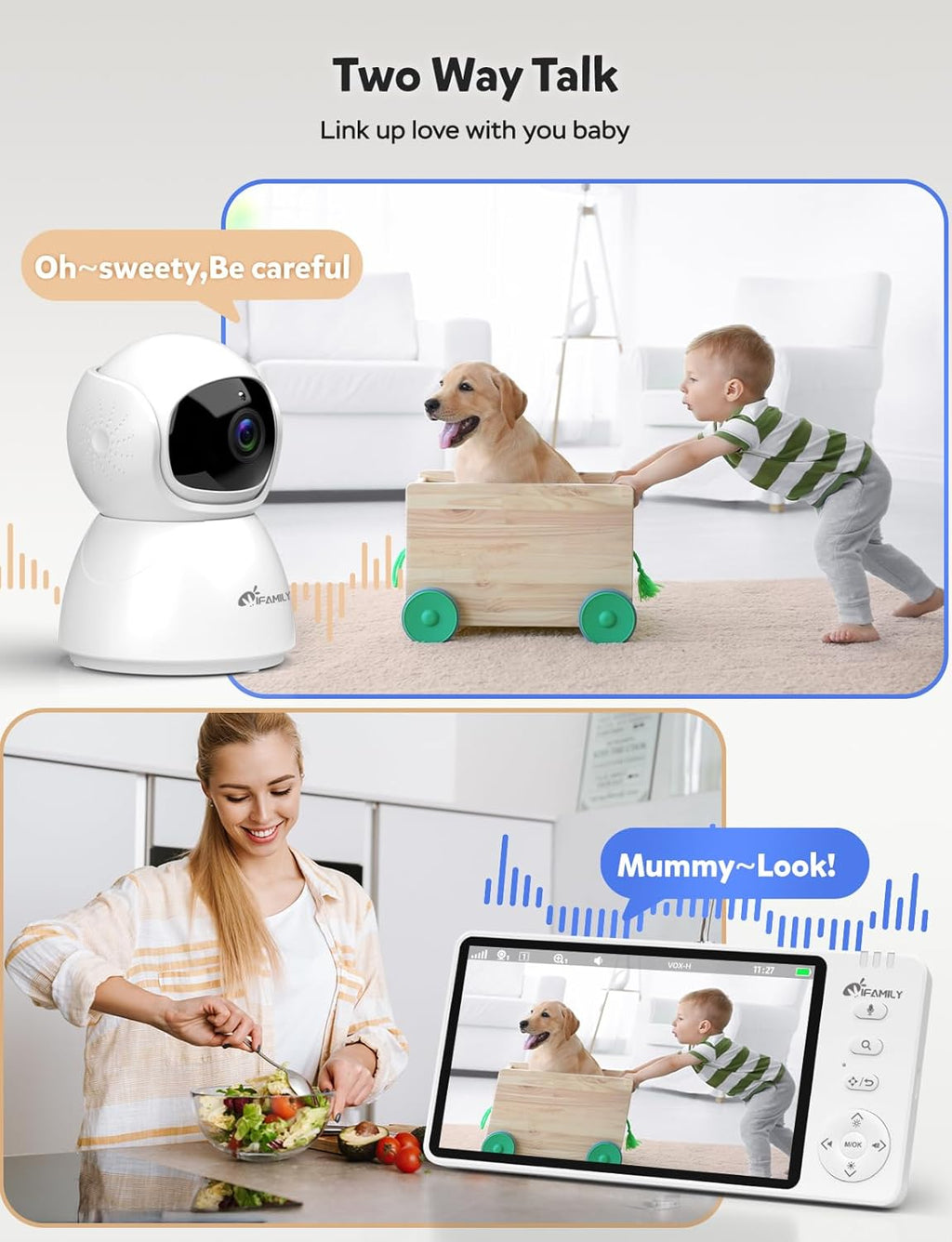 iFamily Baby Monitor with Camera and Audio – 720P HD Resolution, Large Display, 5000mAh Battery, Night Vision, Remote Pan, Tilt, and Zoom – Two-Way Talk, Lullabies, Thermal Monitor, 960ft Range