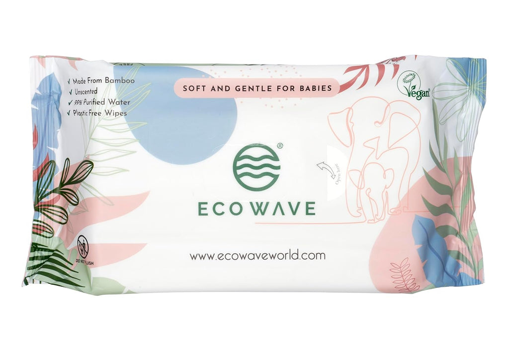 Eco Wave Baby Wipes, 100% Compostable Eco-Friendly Bamboo Wipes, Unscented, Hypoallergenic, Vegan, Alcohol-Free, Suitable For Sensitive Skin (Pack of 12)