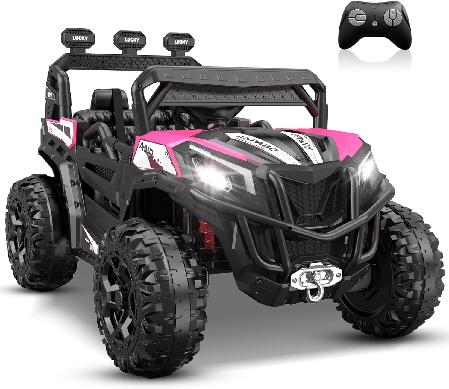 ANPABO 24V 4X4 Ride on Car Truck w/Remote Control, 4WD/2WD Switchable Kids UTV, 19" Spacious Seat, 4 Shock Absorbers, Soft Start, Music Player, Electric Car for Kids Ages 3+(Pink)