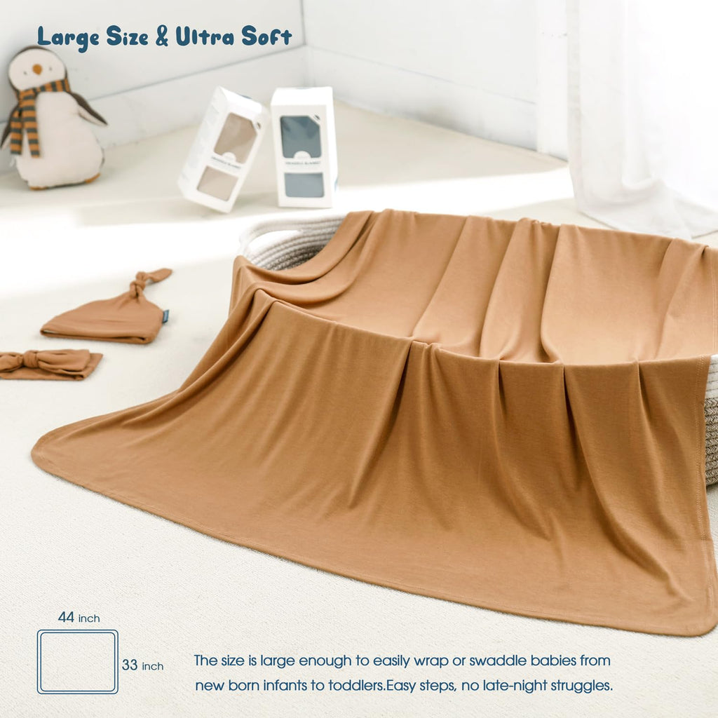 GRSSDER Newborn Swaddle Blanket, Ultra Soft Jersey Receiving Blanket with Matching Headband and Beanie Set 33×44", Stretchy Baby Neutral Swaddle Wrap for Girls and Boys