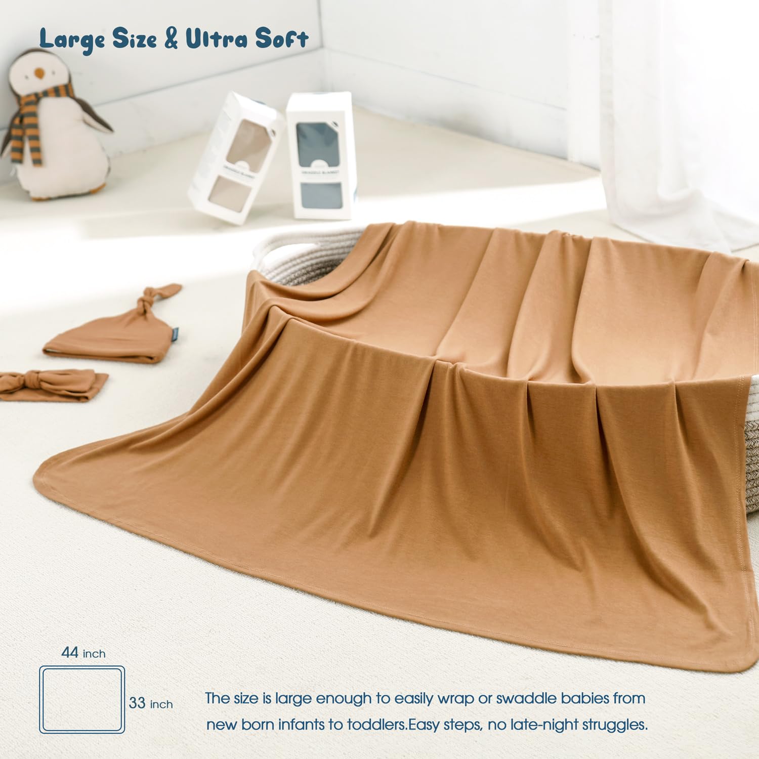 GRSSDER Newborn Swaddle Blanket, Ultra Soft Jersey Receiving Blanket with Matching Headband and Beanie Set 33×44", Stretchy Baby Neutral Swaddle Wrap for Girls and Boys