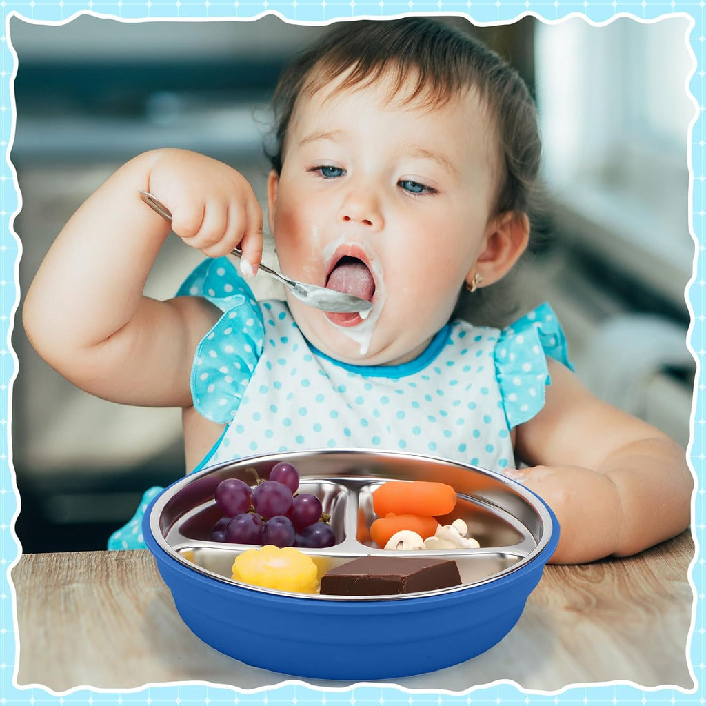 Nuogo 3 Pcs Stainless Steel Baby Suction Plates with Removable Silicone Shell 2-in-1 Metal Toddler Bowl Divided for Picky Eaters Kid Feeding Led Weaning Supply, Dishwasher Safe (Blue Series)