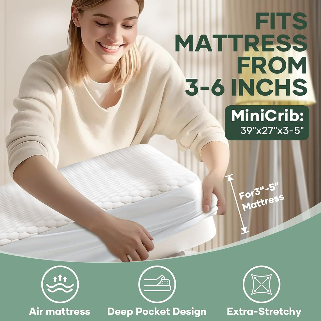 OhGeni 100% Waterproof Mattress Protector, Mini Crib-2 Pack Size Mattress Pad, Fits 6"-20" Mattresses with Deep Pocket, Cooling, Breathable Fitted Sheets, Soft Bed Cover, Noiseless, Machine Washable