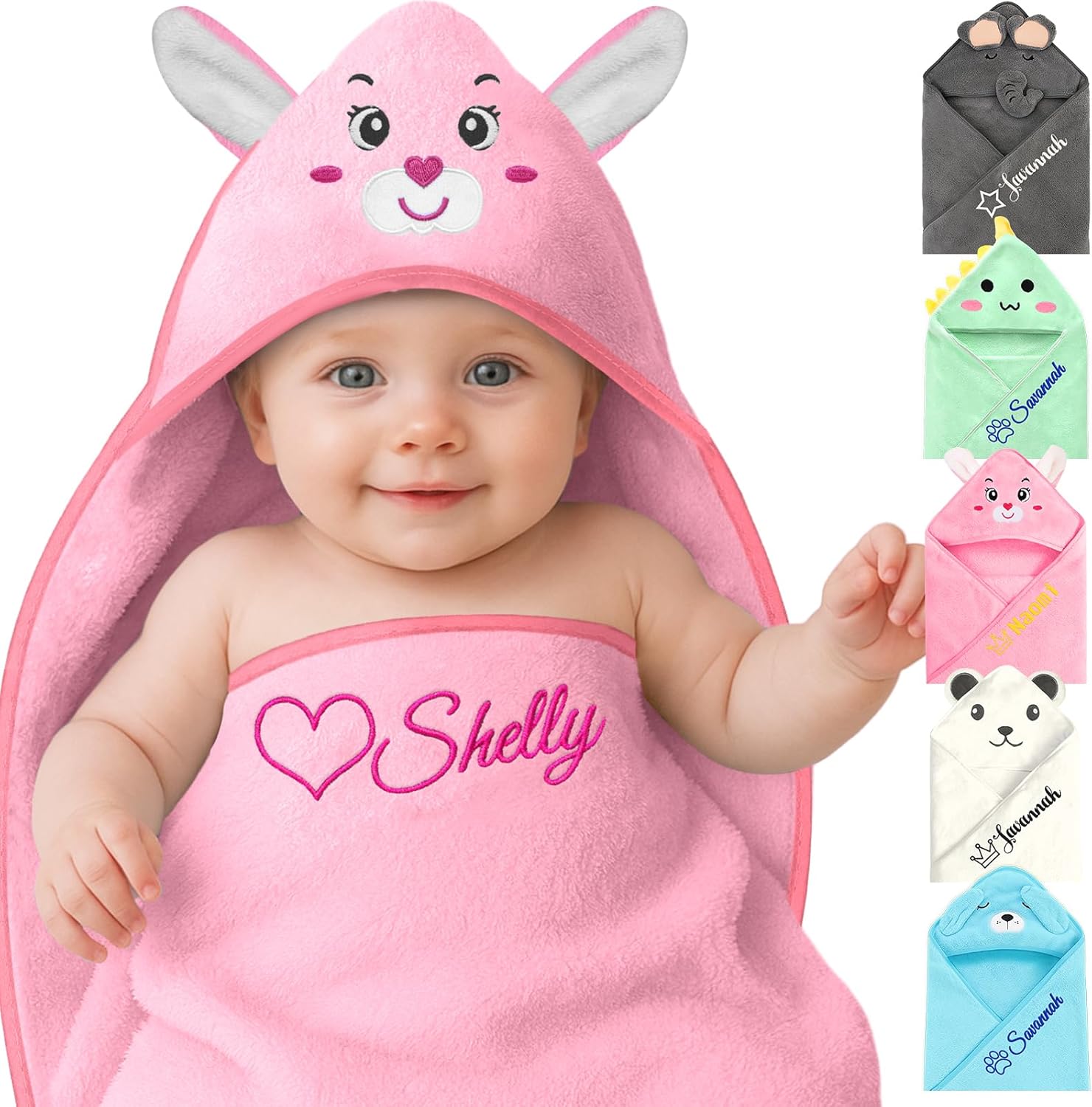 Personalized Baby Towels Hooded with Name, Custom Toddler Bath Towel with Hood for Girl Boy, Warm Swaddle Blanket, Customized Newborn Gifts - Embroidered (Pink Rabbit)