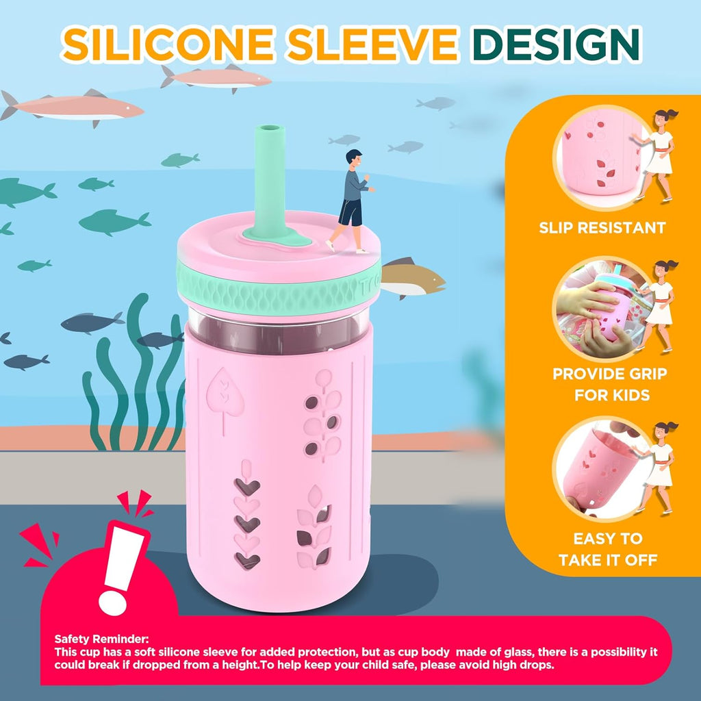 Tronco 12 oz Glass Sippy Cup for Kids & Toddlers | Mason Jar Smoothie Cups with Spill-Proof Silicone Straws, Non-Slip Silicone Sleeves & Lids, BPA-Free Snack Cups, Dishwasher Safe