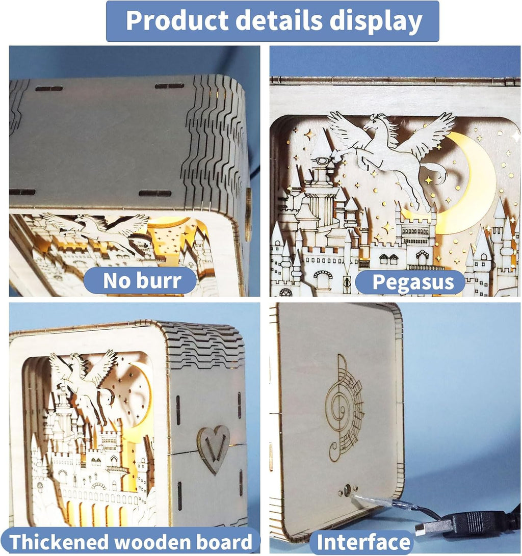 Music Park 3D Wooden Puzzles for Adults, ‎Unique Pegasus Castle Building Model Kit Night Lights, DIY Desk Decor Birthday Gifts Crafts for Adults and Kids Family Game