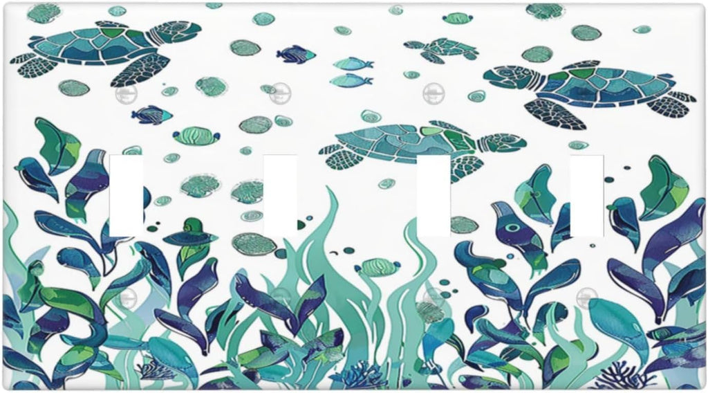 Light Switch Covers Vibrant Turtle Seagrass Watercolor Painting Quad Toggle Electrical Faceplate 4 Gang Wall Plate Decorative Switch Plates for Bathroom living Room Decor