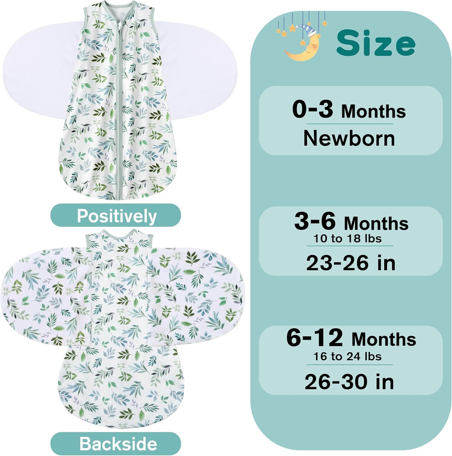 Newborn Sleep Sack Baby Swaddle,Swaddle me 3-6 Month,3-Way Adjustable Wearable Blanket,100% Rayon Cotton Swaddling Sleeping Bag，TOG 0.5 (Leaf, 3-6 Months)