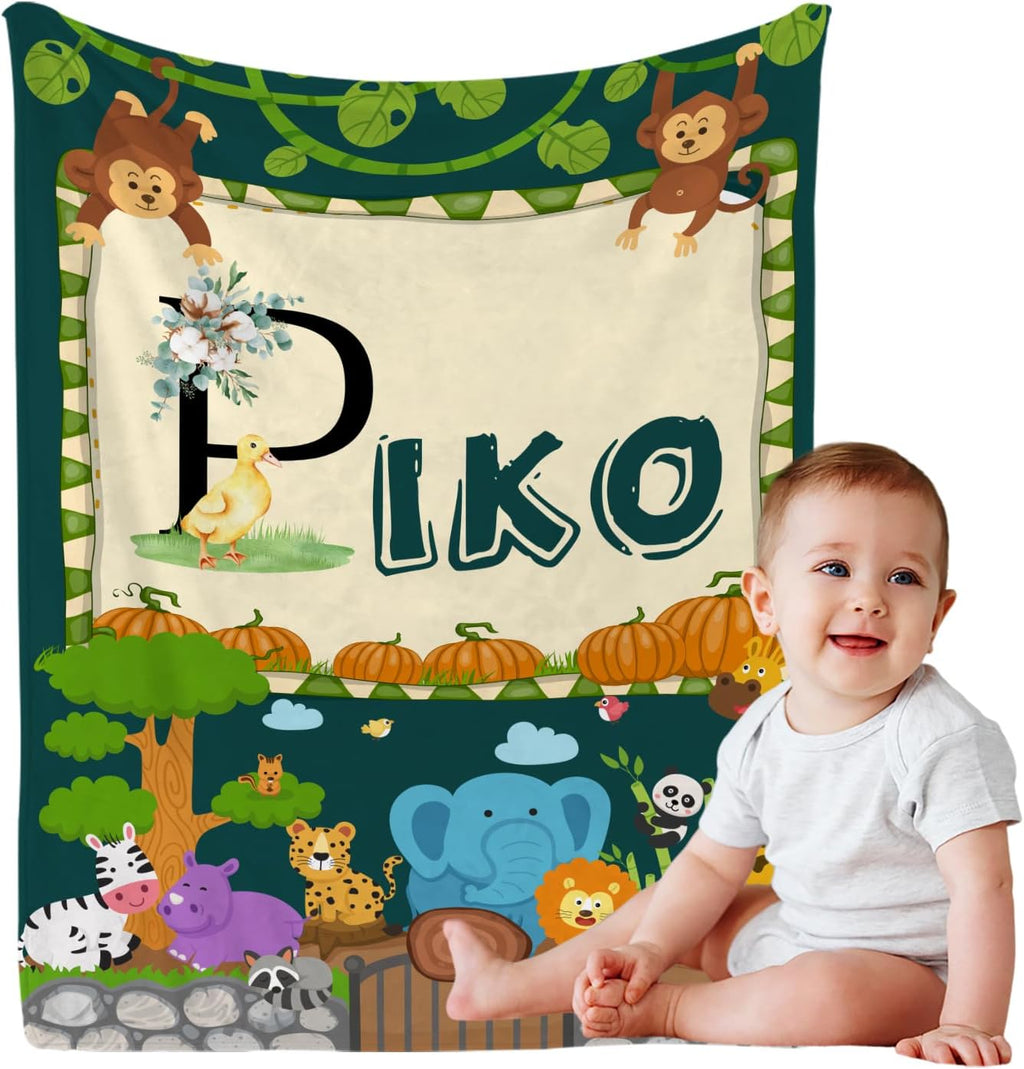 Personalized Cute Animals Name Blanket, Custom Monogram Name Blankets Elephant Monkey Toddler Boy Soft Flannne Swaddling Blankets Customized Memorial Gift for Infant Newborn Shower