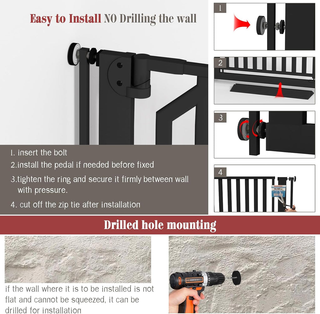Glaf Extra Tall Pet Gate 63" Pressure Mounted Cat Door Safety Metal Cat Gate Adjustable Width Dog Door Auto-Close Dog Gates for Doorways, Stairs, Kitchen, Hallway (Black, 29.92-33.46")