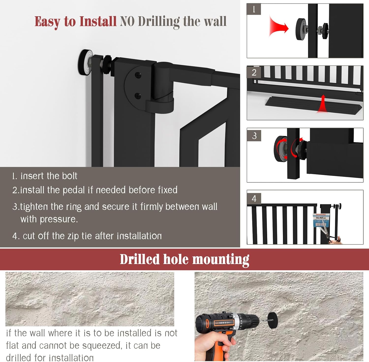 Glaf Extra Tall Pet Gate 63" Pressure Mounted Cat Door Safety Metal Cat Gate Adjustable Width Dog Door Auto-Close Dog Gates for Doorways, Stairs, Kitchen, Hallway (Black, 29.92-33.46")