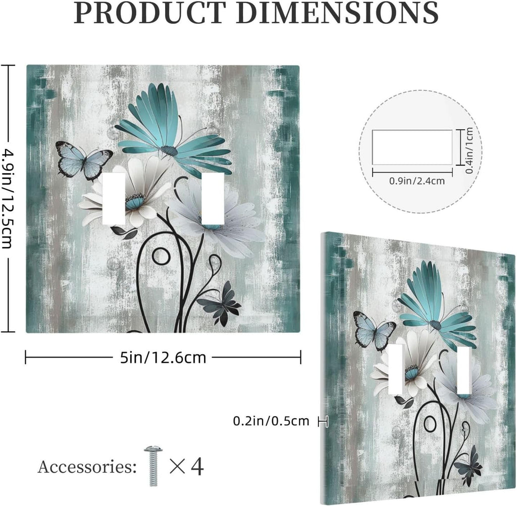 Decorative Switch Plates Rustic Teal Daisy Floral Flowers Butterfly Wood Grain 2 Gang Double Toggle Outlet Light Switch Cover Wall Plate Electrical Faceplate for Bathroom Bedroom Decor