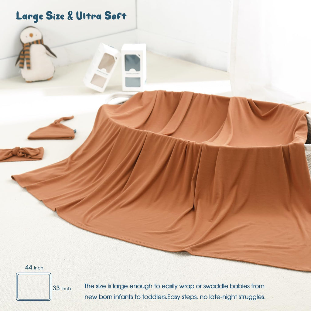 GRSSDER Newborn Swaddle Blanket, Ultra Soft Jersey Receiving Blanket with Matching Headband and Beanie Set 33×44", Stretchy Baby Neutral Swaddle Wrap for Girls and Boys