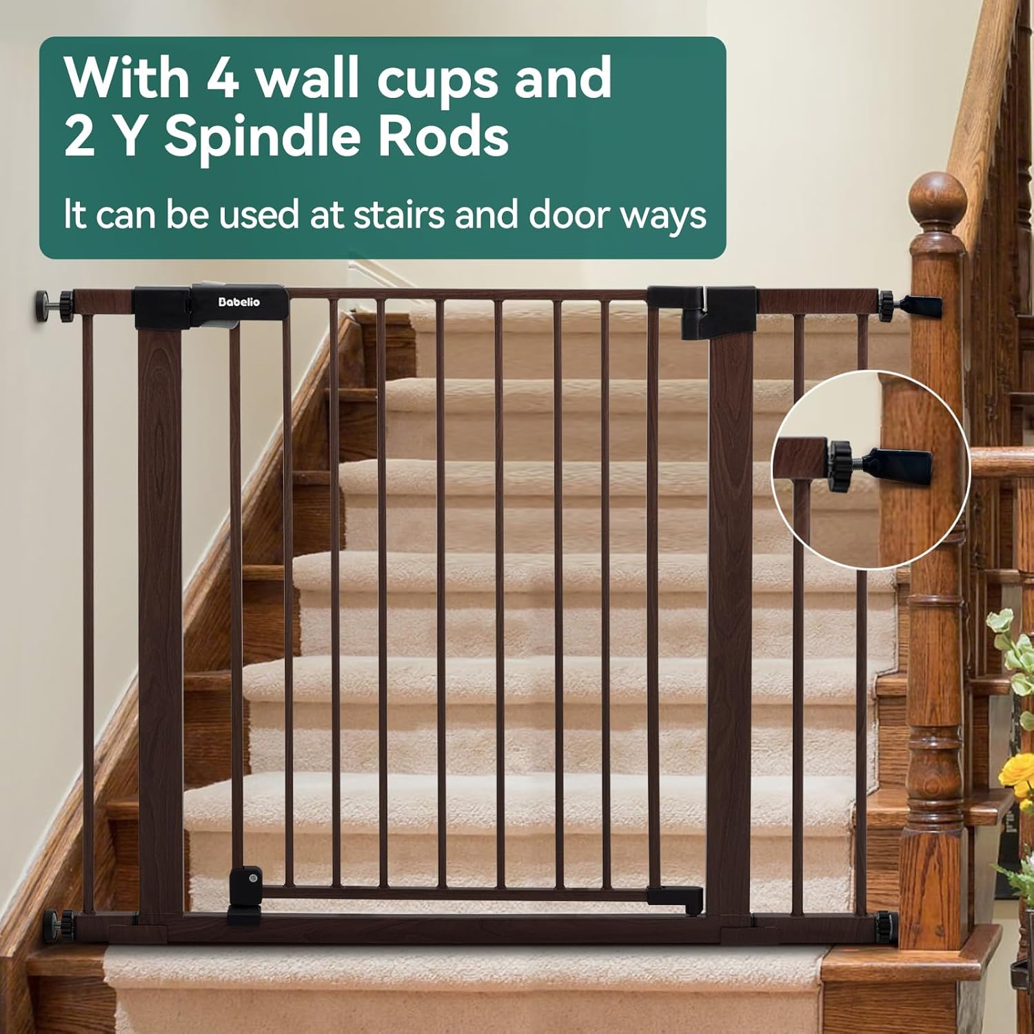 BABELIO 29-40" Metal Baby Gate with Black Wood Pattern, Auto Close Dog Door for The House、Stairs and Doorways, Pressure Mounted Pet Barrier, with Wall Protectors and Extenders