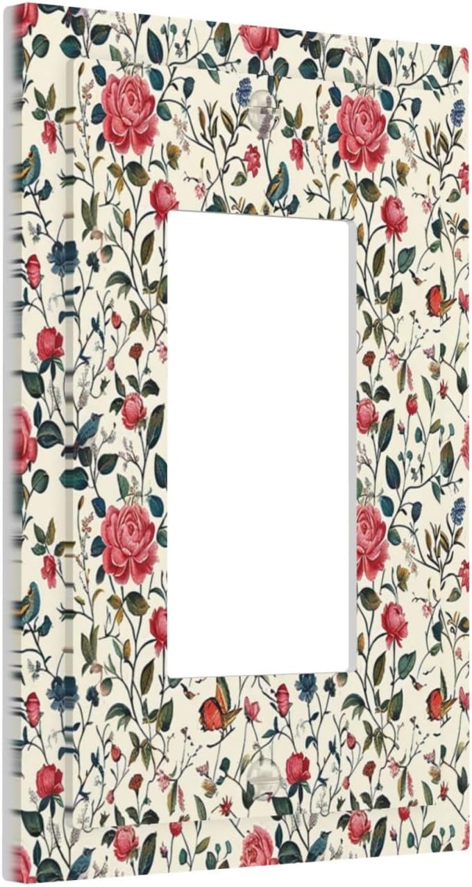 Decorative Outlet Covers Vintage Flowers Rose Leaf Bird Butterfly 1 Gang Single Rocker Light Switch Cover Plate Wall Plates GFCI Faceplate for Bedroom living Room Decor