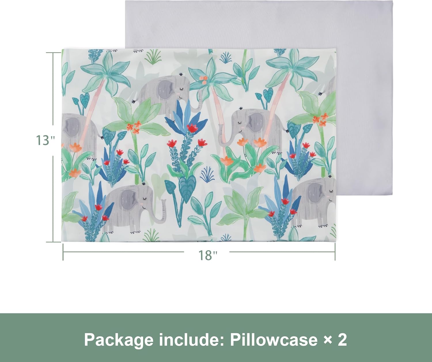 TILLYOU Toddler Pillowcases 13 x 18 Travel Pillow Case 2 Pack, Kids Pillowcases Machine Washable with Envelope Closure, Rainforest Elephant & Grey