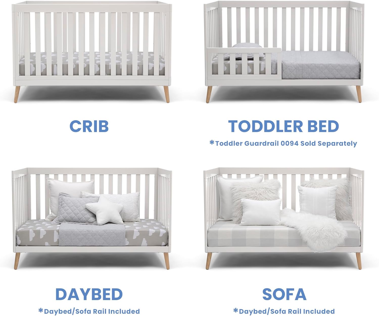 Delta Children Essex 4-in-1 Convertible Baby Crib, Bianca White with Natural Legs