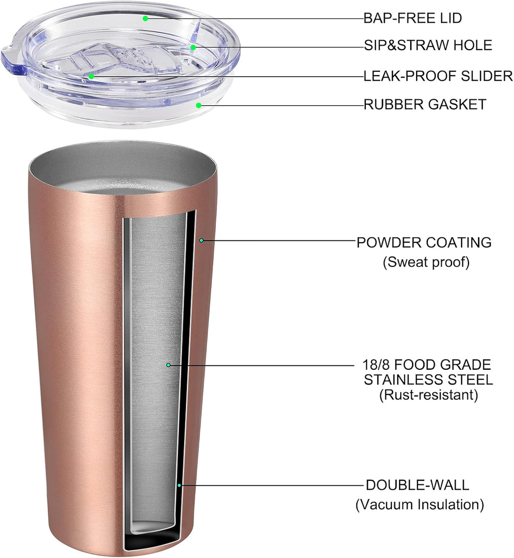VEGOND 20oz Tumbler Bulk with Lid and Straw 1 Pack, Stainless Steel Vacuum Insulated Tumbler, Double Wall Coffee Cup Travel Mug, Rose Gold