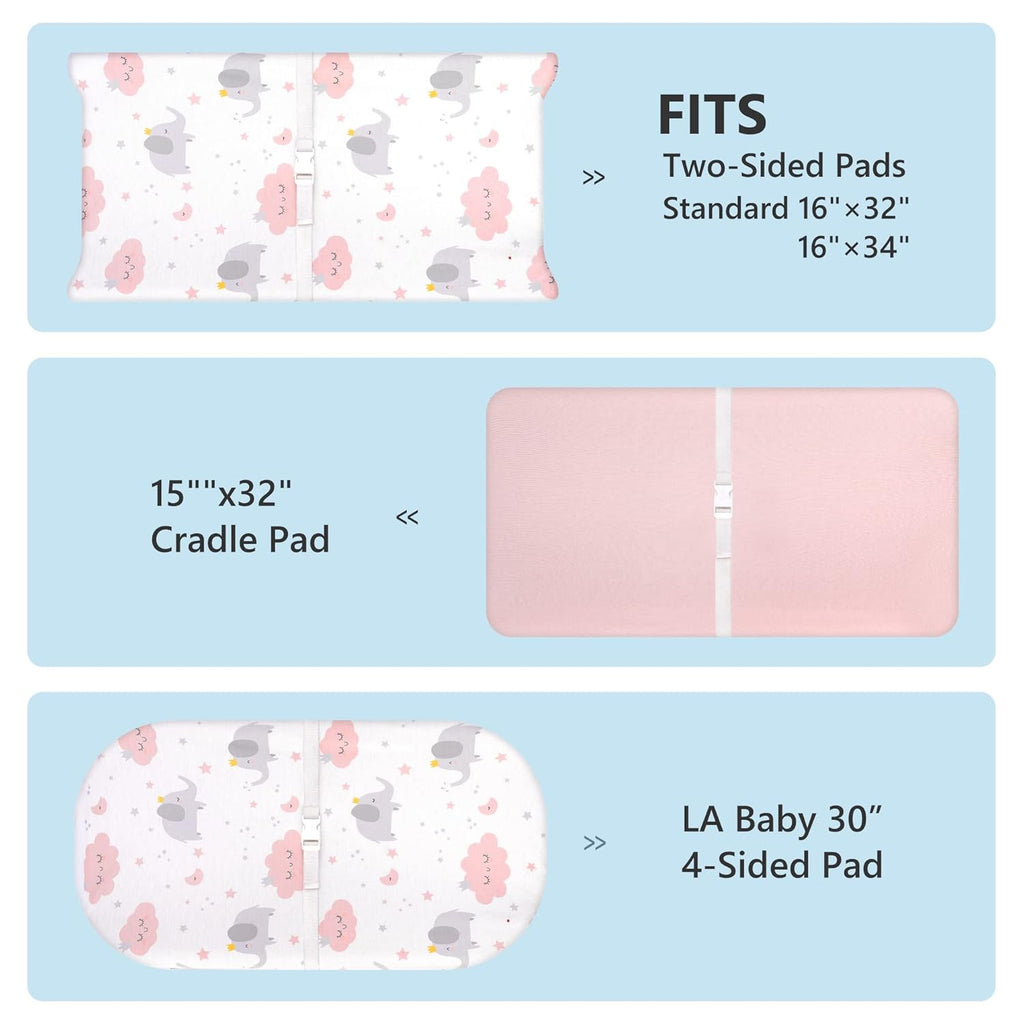 TILLYOU Changing Pad Cover Set in Soft Jersey Material - Fits 32"/34''x16 Contoured Pad for Babies,Elephant & Cloud, Pink