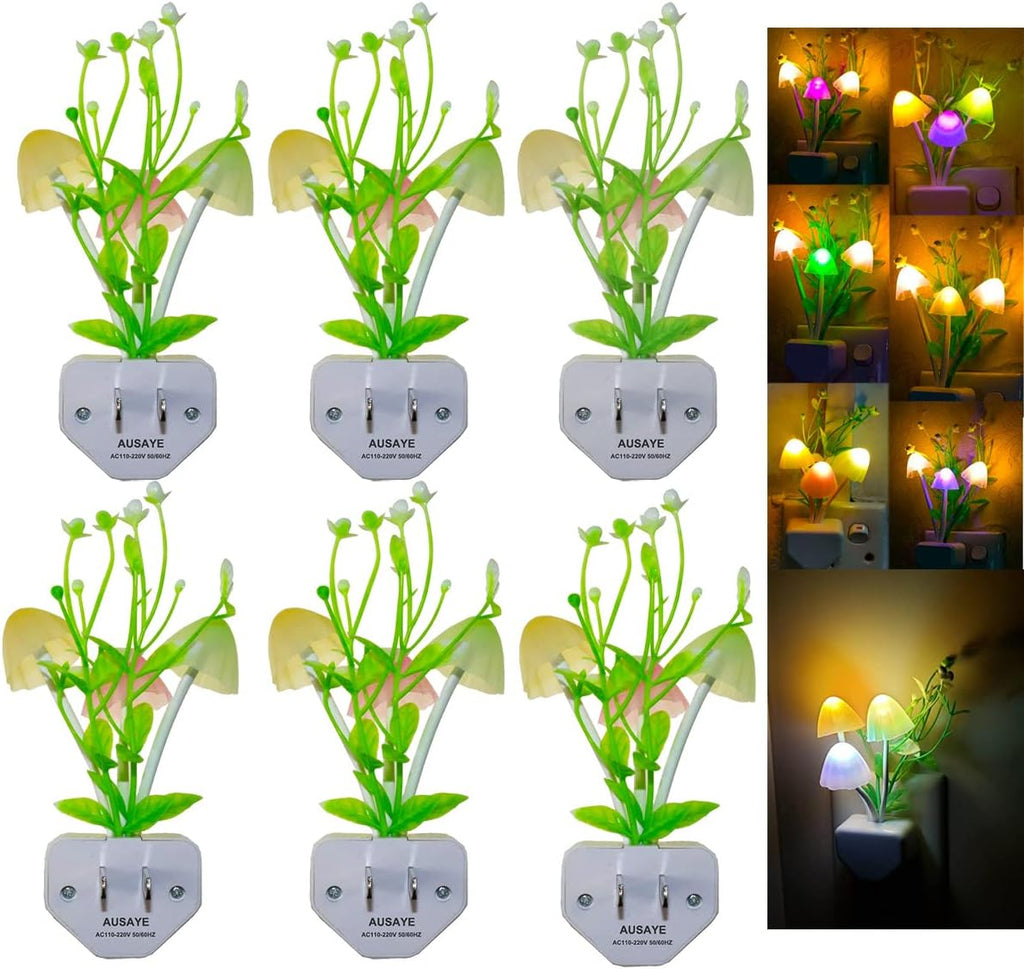 AUSAYE Sensor Night Light Plug in Mushroom Light LED Color Changing Nightlights for Kids, Adults, Bedroom, Bathroom,Hallway, Stairs, Kitchen Pack of 6