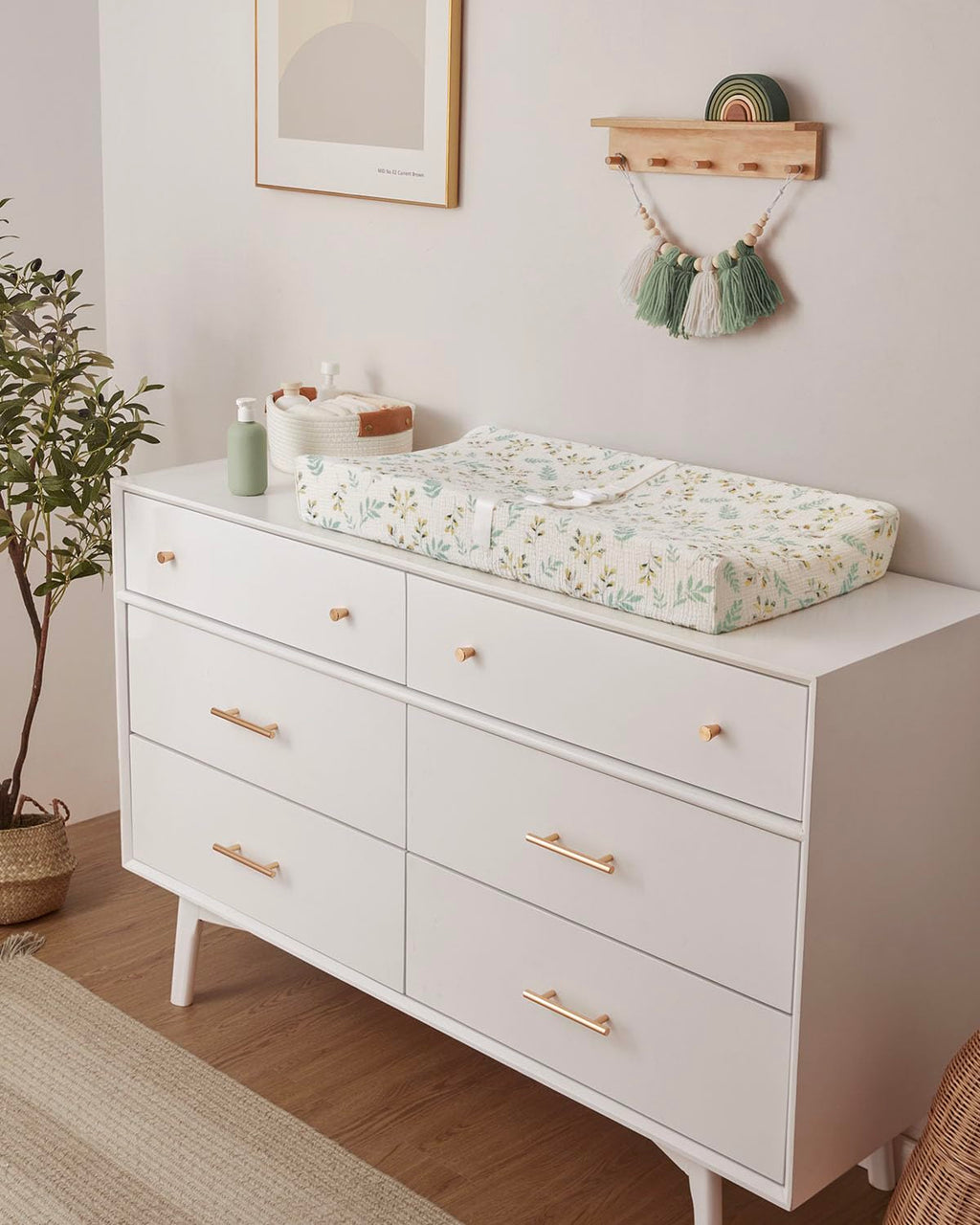 Blissful Diary Muslin Baby Changing Pad with Waterproof Lining Foam, Diaper Changing Table Pad with Cover for Dressers (Botanical Leaf, Rectangular)