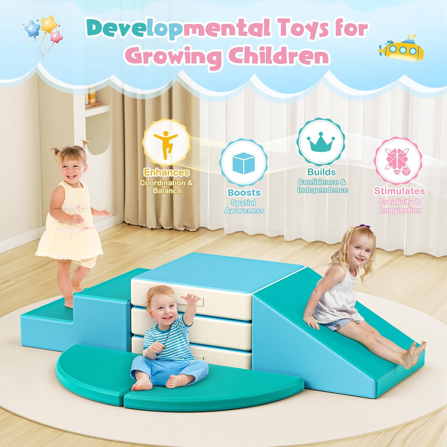 Lischwert Foam Climbing Blocks for Toddlers 1-3, 5pcs Foldable Soft Play Set with Crawling Exploration Toys - Indoor Infant Safe Blocks for Baby Gym & Toddler Playground - Blue