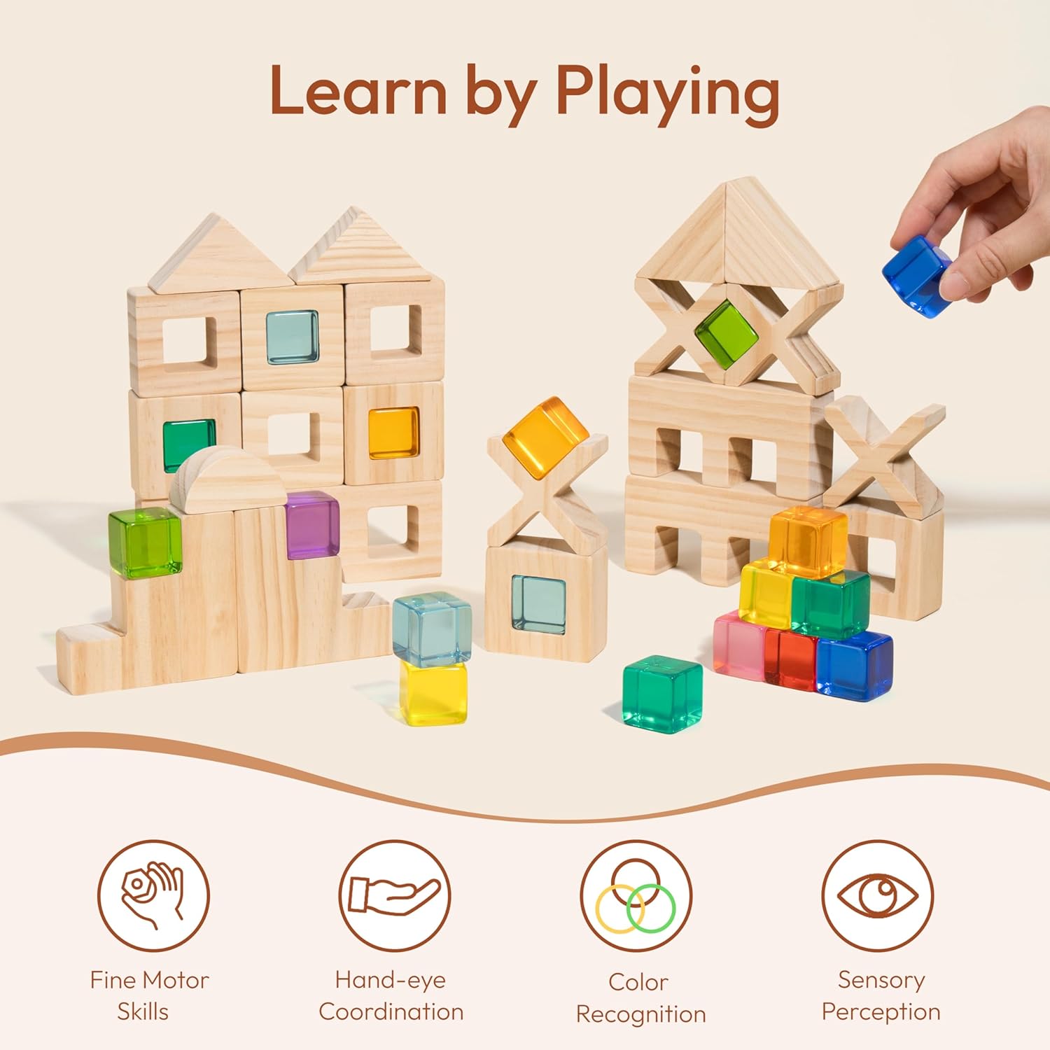 Wooden Rainbow Building Blocks Set for Kids, 22 PCS Wooden Blocks & 25 PCS Gem Cubes Stacking Blocks, Montessori Stacking Toys for Toddlers, Educational STEM Easter Toys for Boys Girls 3-6