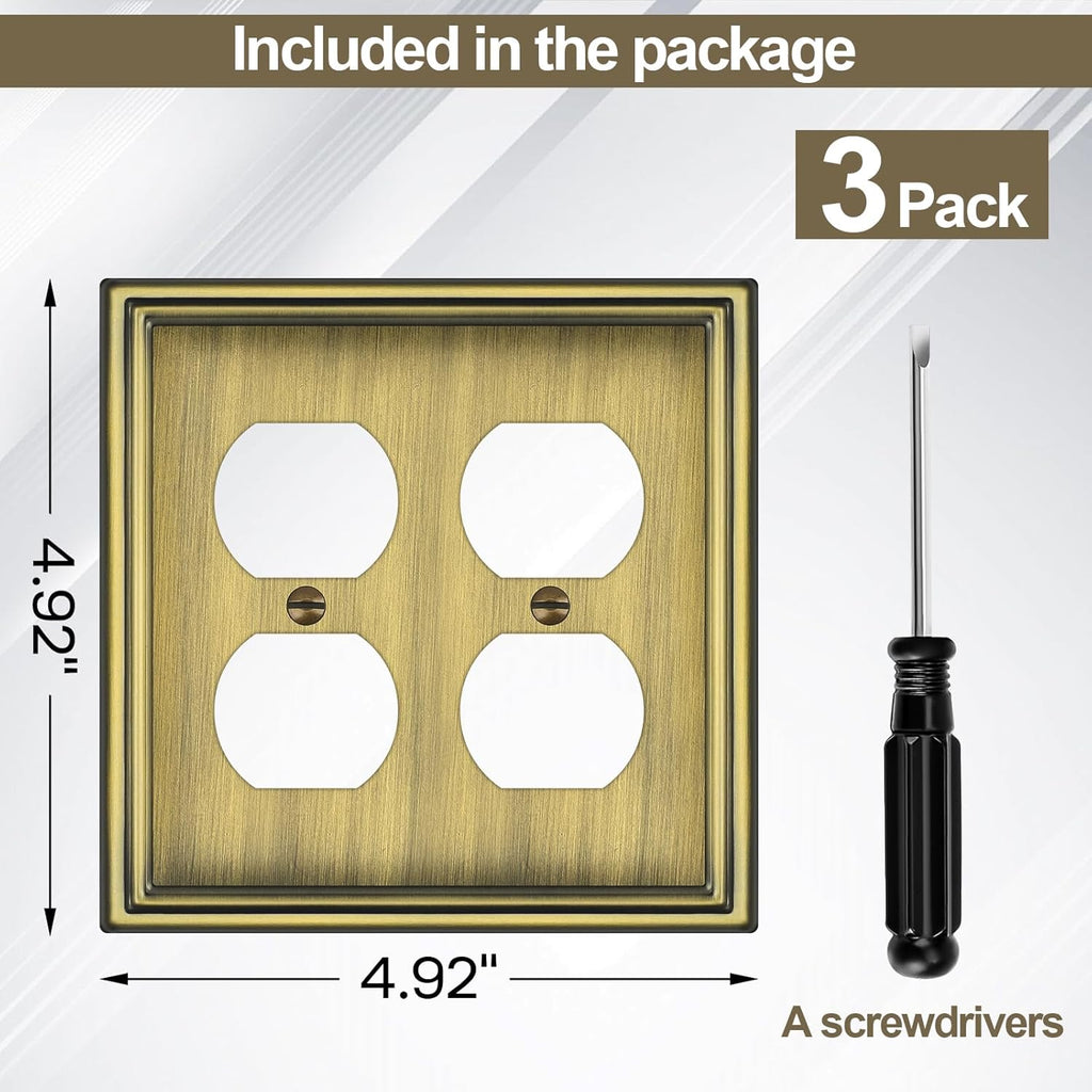 Metal Double Outlet Covers Wall Plate, Antique Brass Decorative Light Switch Plate 2 Gang Duplex Outlet Covers - Classic Style, 3 Pack