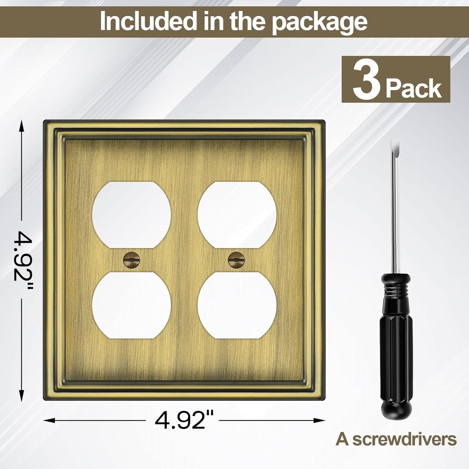 Metal Double Outlet Covers Wall Plate, Antique Brass Decorative Light Switch Plate 2 Gang Duplex Outlet Covers - Classic Style, 3 Pack