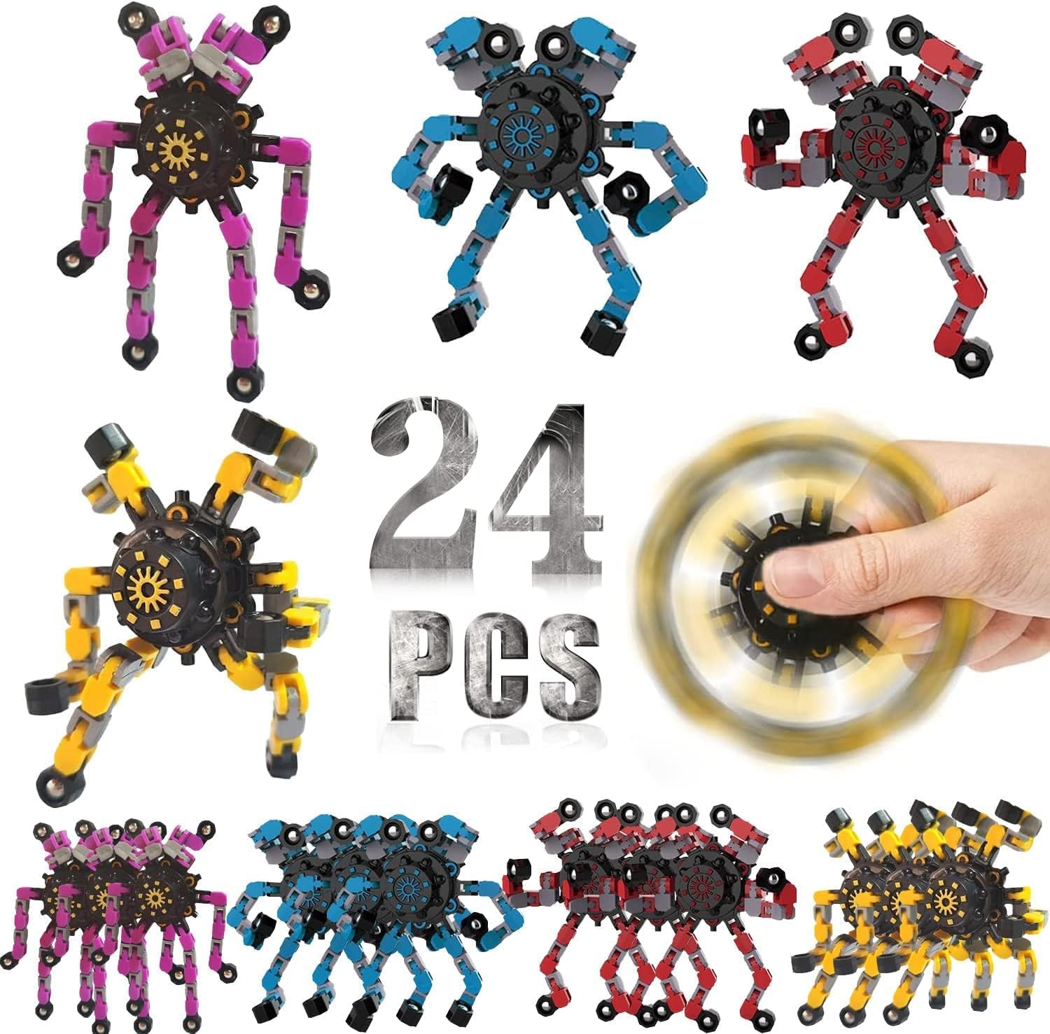 24 Pack Funny Sensory Fidget Toys,Deformable Chain DIY Robot Spinners Fingertip Stress Relief Gyro Toy Birthday Gifts Goodie Bag Easter Basket Stuffers Classroom Prizes Party Favors for Kids Adults
