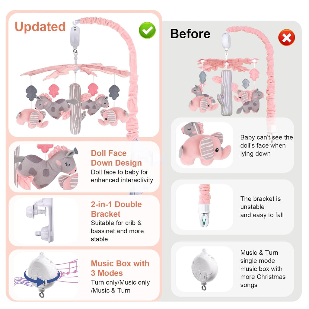 Upgraded Blublu Park Musical Mobile for Crib, Baby Crib Mobile with Hanging Rotating Toys Woodland Nursery Decor for Newborn Baby Boys Girls, Digital Music Box with 3 Modes, 12 Lullabies (Pink)