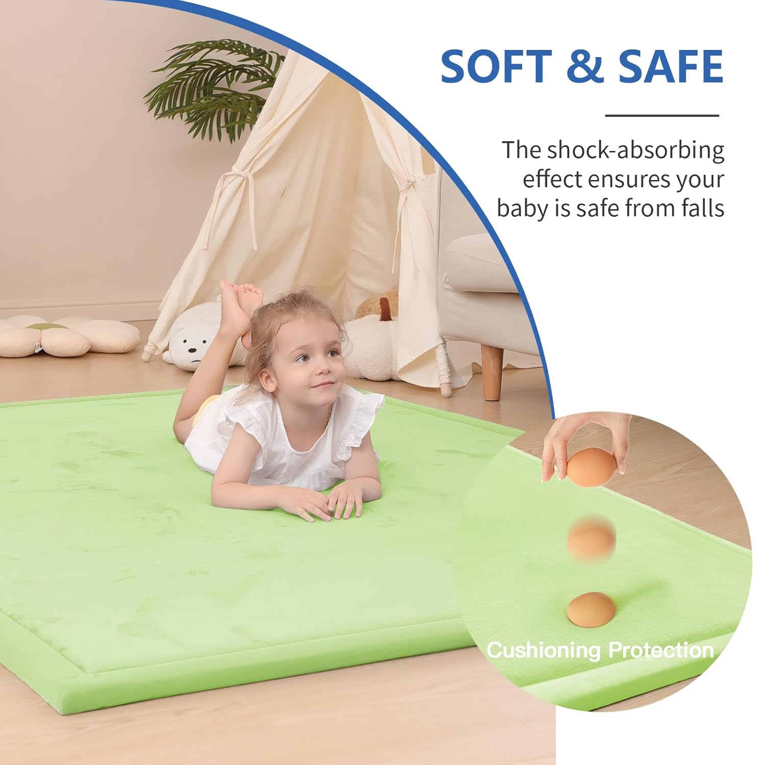 Baby Play Mat for Floor,1.3"Thick Elasti-Foam 50x50 Playpen Mat for Toddlers Infant kids,Water-Repellent Soft Velvet for Tummy Time,Non-Slip Backing for Crawling,Tatami Style(Light Green)