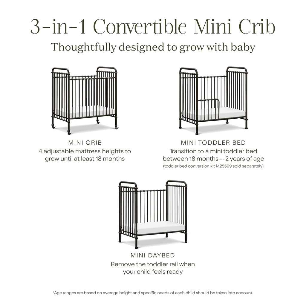 NAMESAKE Abigail 3-in-1 Convertible Mini Metal Crib in Vintage Iron, Greenguard Gold Certified