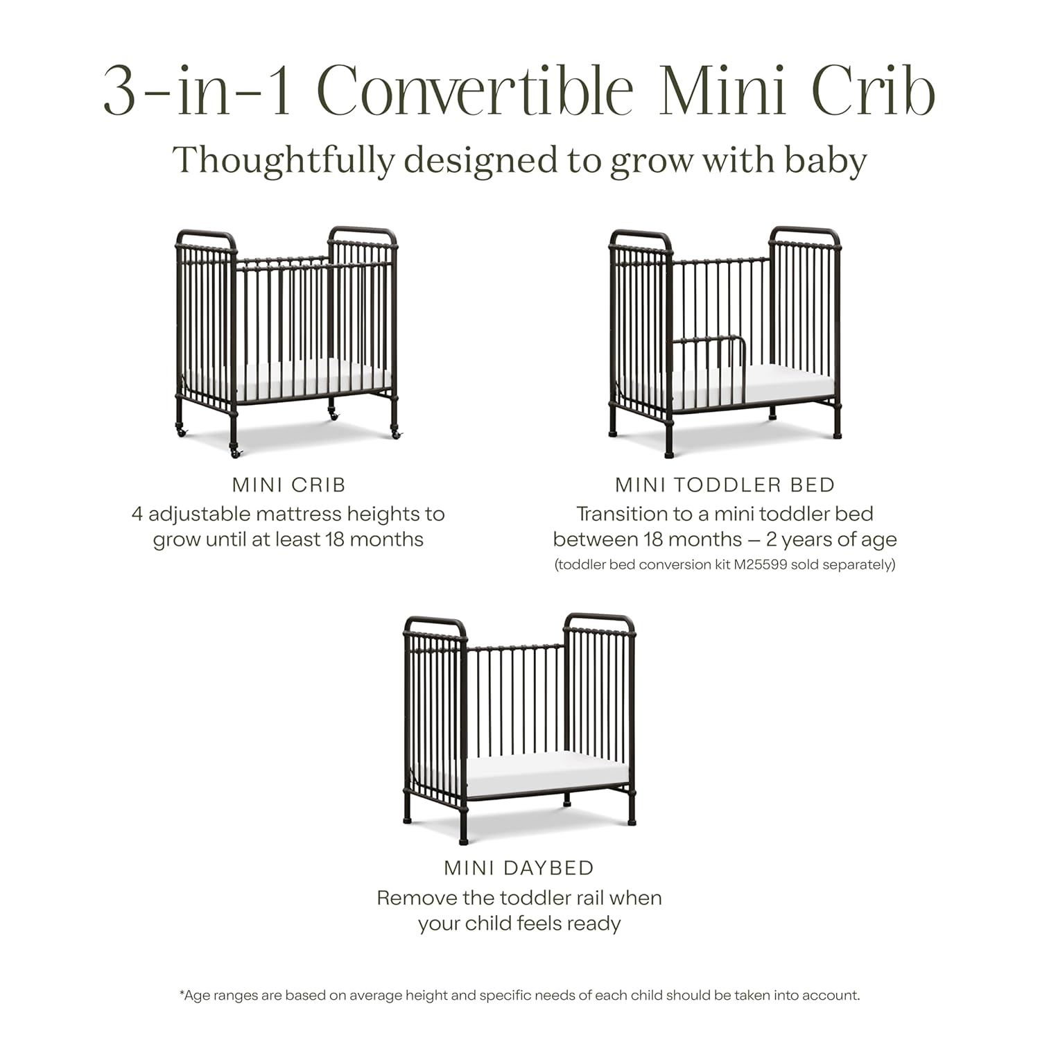NAMESAKE Abigail 3-in-1 Convertible Mini Metal Crib in Vintage Iron, Greenguard Gold Certified