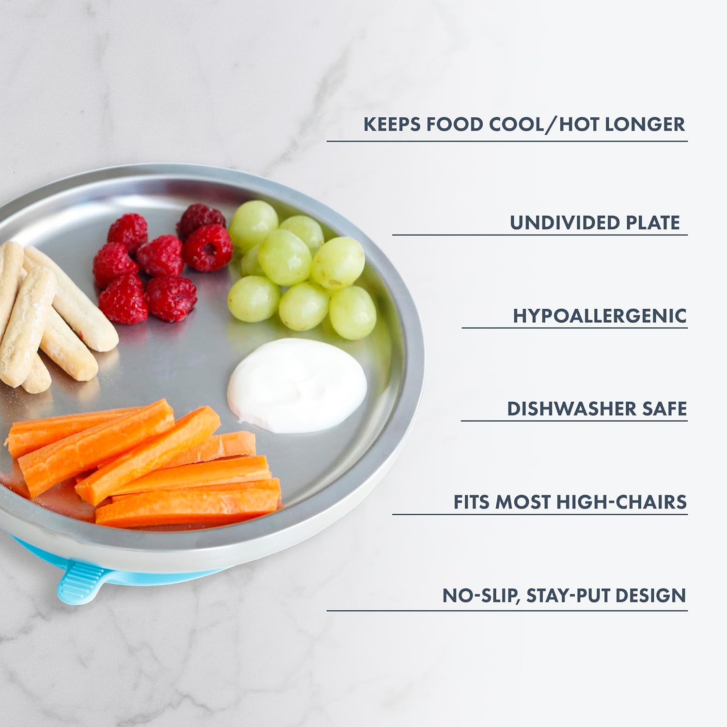 Avanchy Open Baby Plates with Suction – Stainless Steel Divided Plates for Toddlers, BPA-Free, Dishwasher Safe, Unbreakable, Non-Toxic, 100% Silicone Suction – Blue