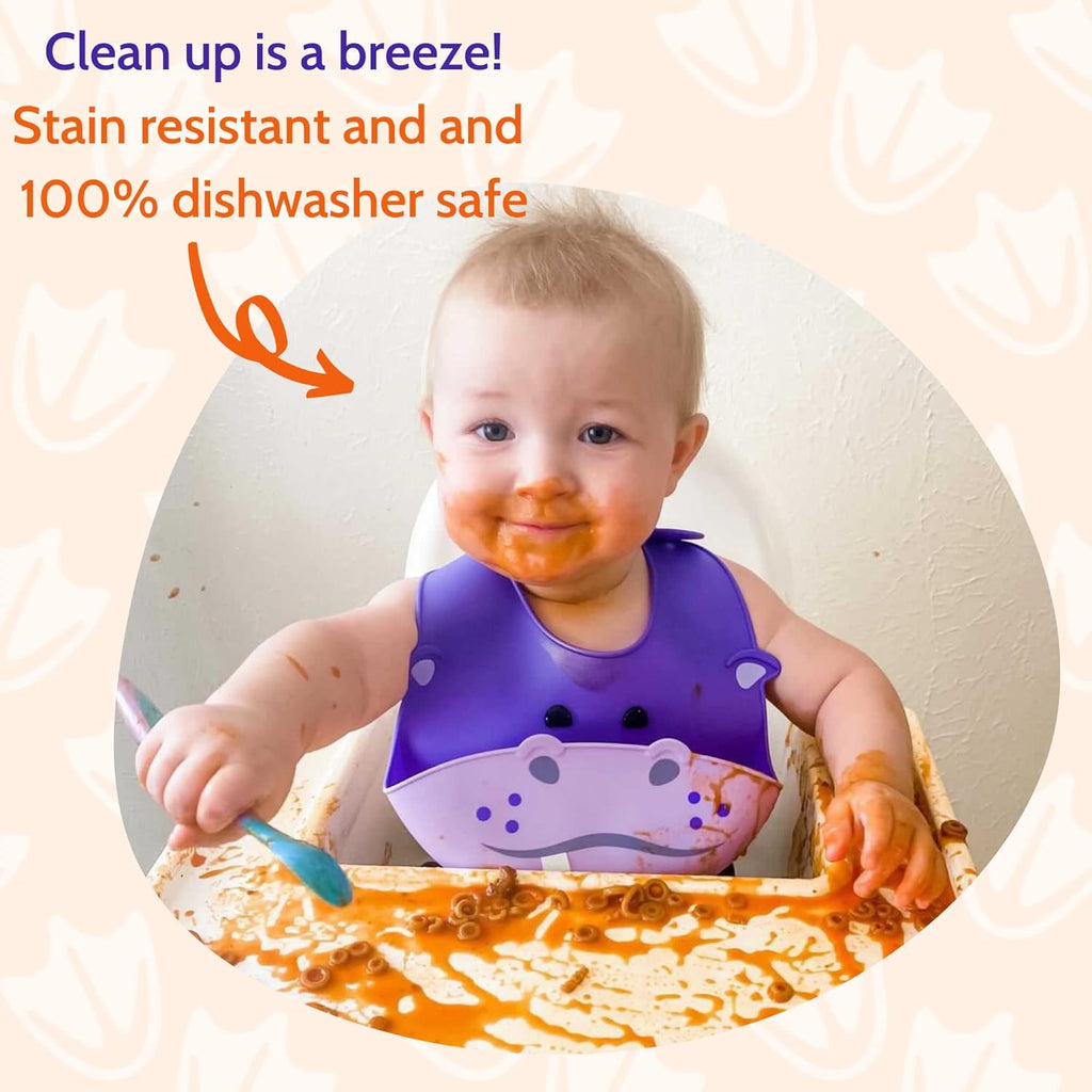 Silly Goose Set of 2 Silicone Animal Baby Bibs for Babies and Toddlers, Waterproof, Adjustable, Soft, Extra Wide Food Catcher Pocket (2PK Hippo+Bear)