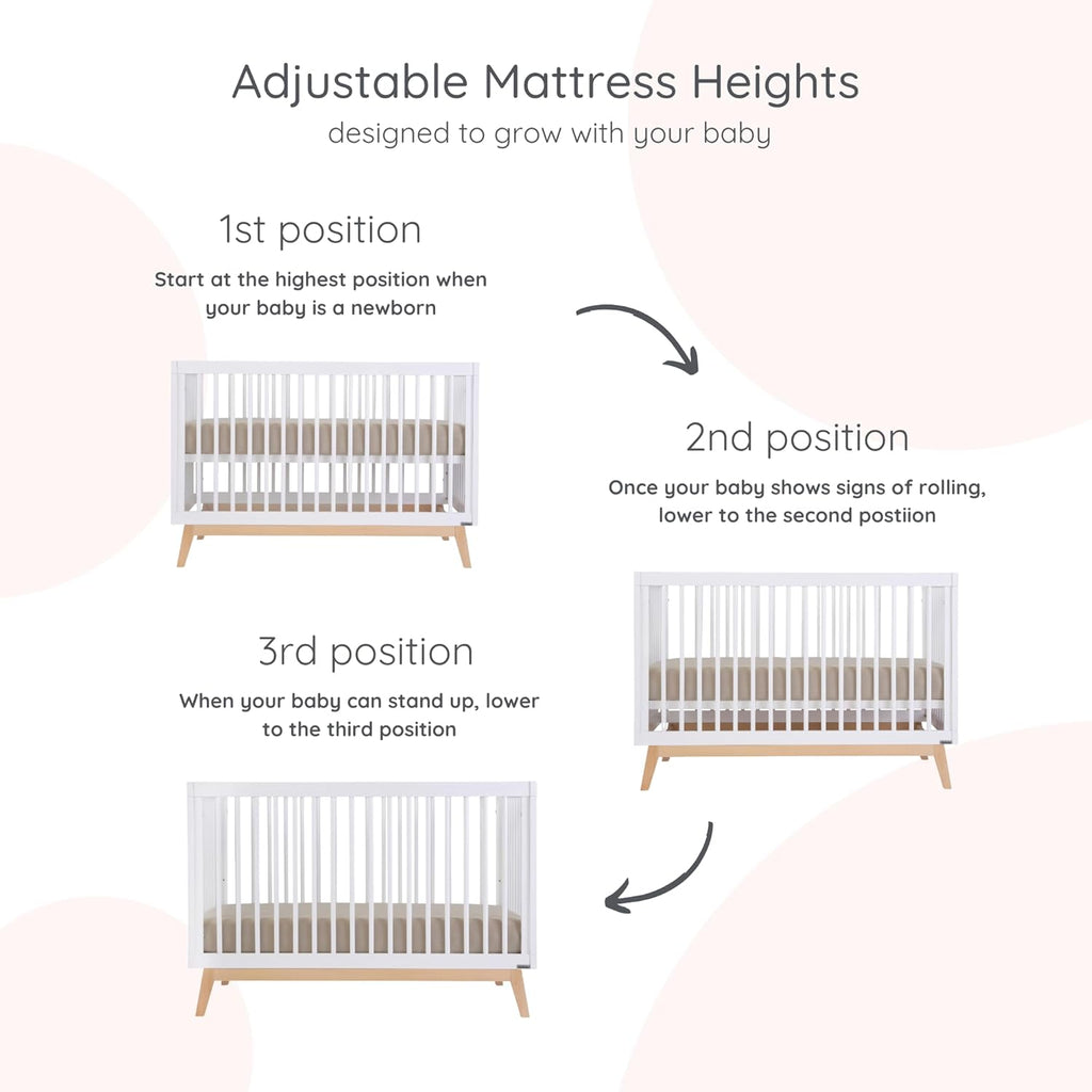 dadada Baby Soho 3-in-1 Convertible Wooden Crib to Toddler Bed - Made in Italy, GREENGUARD Gold Certified, Baby-Safe Finish, Sustainable Beech Wood, Modern Design, 3 Adjustable Heights (White/Natural)