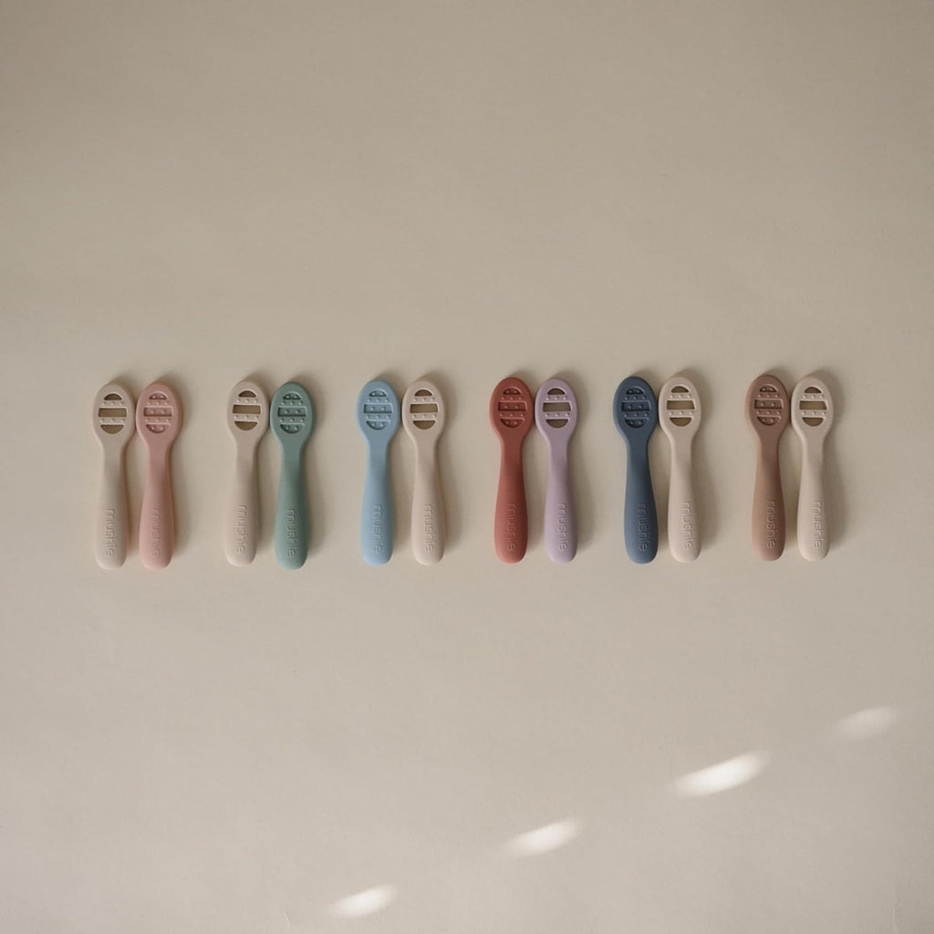 mushie Silicone First Feeding Baby Spoons | 2 Pack (Powder Blue/Shifting Sand)