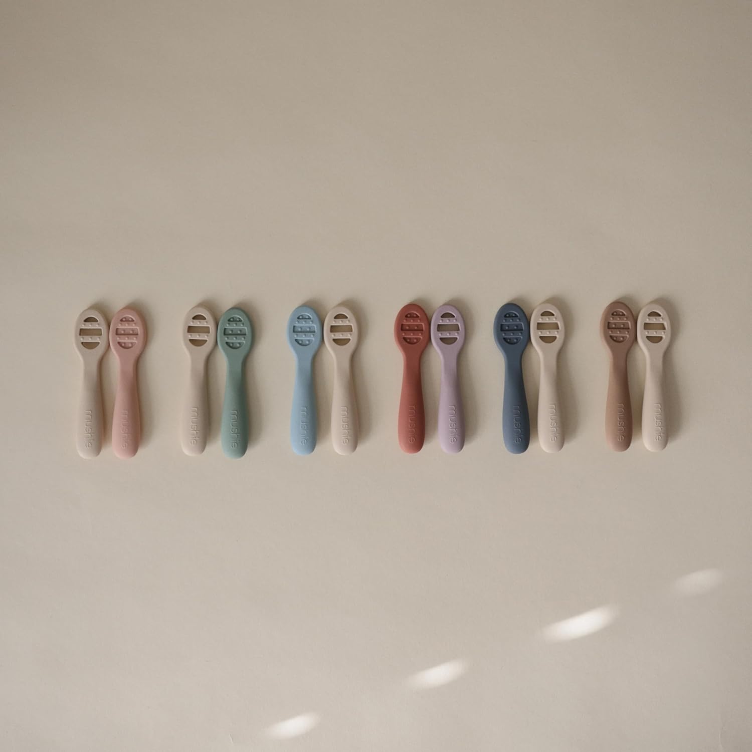 mushie Silicone First Feeding Baby Spoons | 2 Pack (Powder Blue/Shifting Sand)