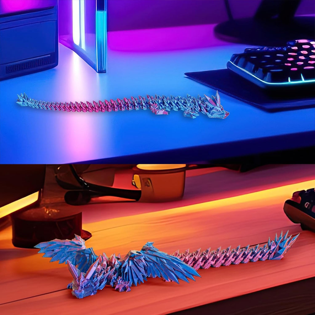 12“Crystal Dragon Without Wings & 9”Winged Articulated Dragon, 3D Printed Bulk Unique Funny Graduation Gifts for Kids, Executive Desk Fidget Toys Adults, Bath Pool water Toy (Gradient Deep Purple-Red)