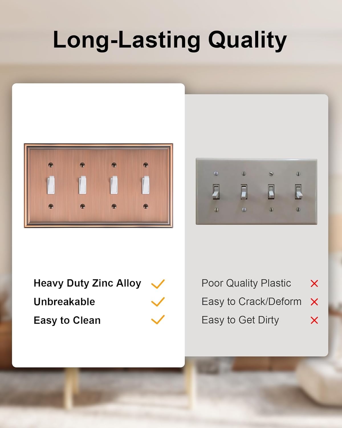 2-Pack Quad Toggle Light Switch Cover Plate, Durable Zinc Alloy Decorative Switch Plate Covers, Antique Copper 4 Gang Wall Plate for Toggle Light Switch and Rotary Dimmer Switch