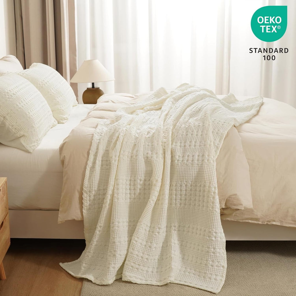 PHF 100% Cotton Waffle Weave Throw Blanket, Soft Lightweight Breathable Cozy Summer Throws for Couch Bed Sofa, Luxury Aesthetic Woven Blanket for Home Decor & Office, 50"x60", Cannoli Cream