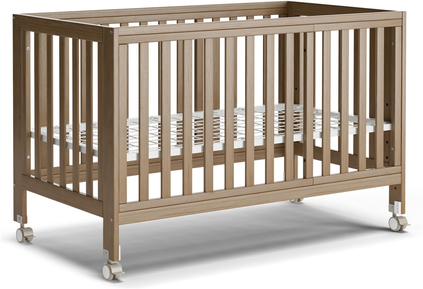 EvoNest Baby Crib, 11 in 1 Convertible Mini Crib with Wheels, 100% New Zealand Wood Growing Bed, 4 Adjustable Mattress Height ，Walnut Brown