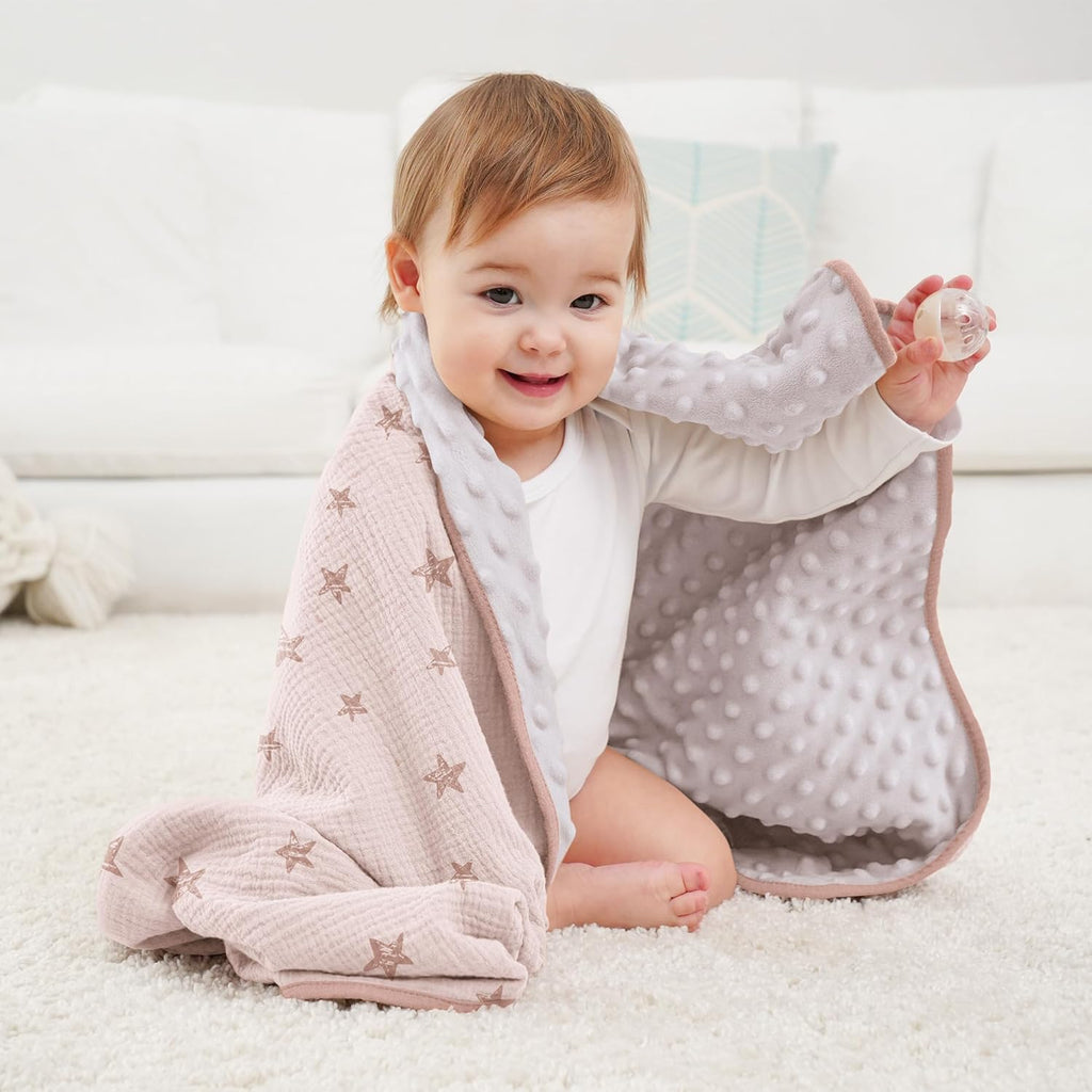 Susurration Baby Blanket for Unisex Boys Girls, Soft Nursery Minky Blanket with Muslin Cotton Front and Dotted Fleece Back, Receiving Blanket for Baby Newborn Infant, 30x40inch (Pink Star)