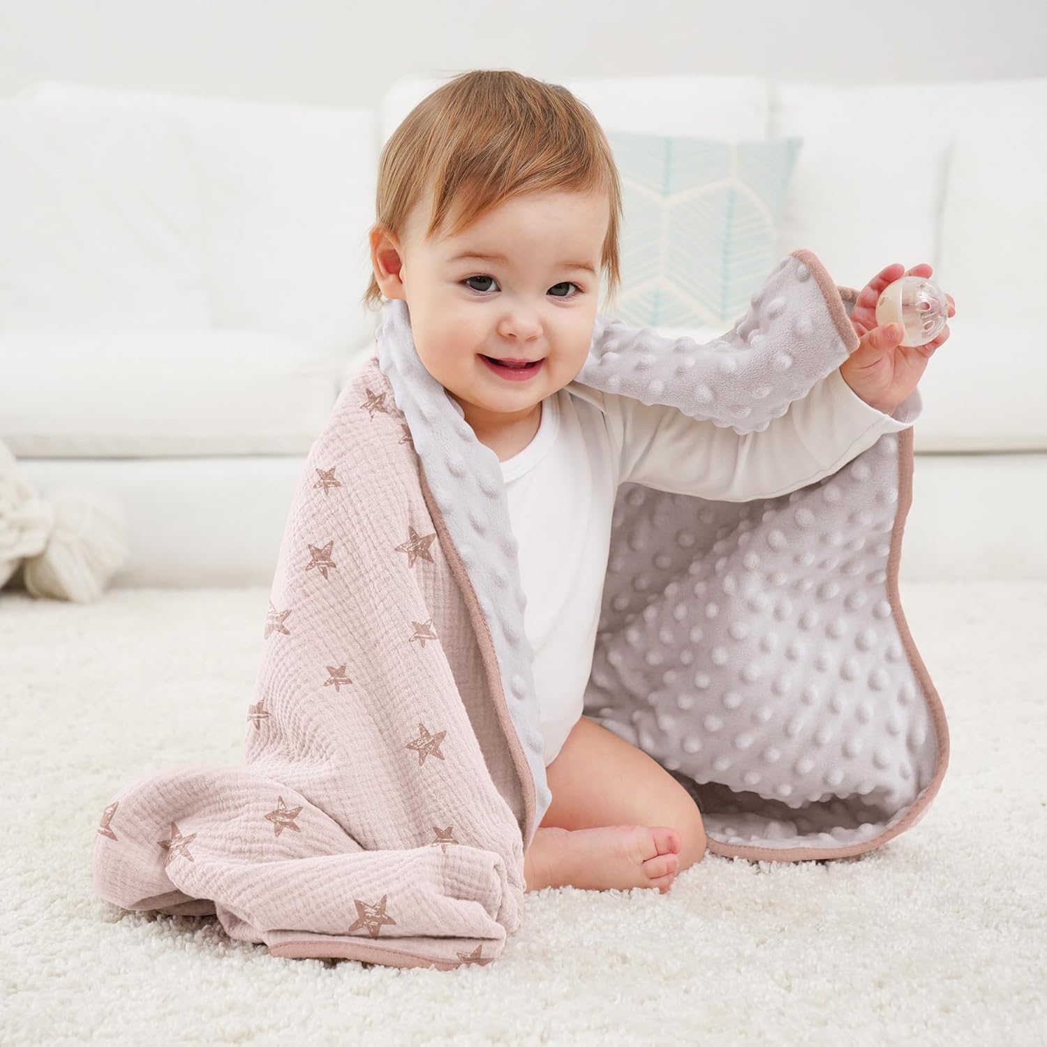 Susurration Baby Blanket for Unisex Boys Girls, Soft Nursery Minky Blanket with Muslin Cotton Front and Dotted Fleece Back, Receiving Blanket for Baby Newborn Infant, 30x40inch (Pink Star)
