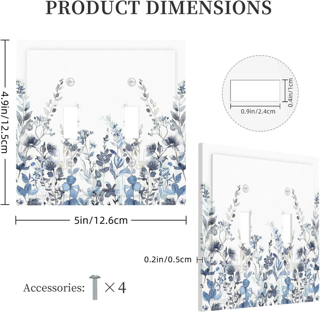 Decorative Switch Plates Light Blue Watercolor Leaves Plant With Floral 2 Gang Double Toggle Outlet Light Switch Cover Wall Plate Electrical Faceplate for Bedroom Bathroom Decor