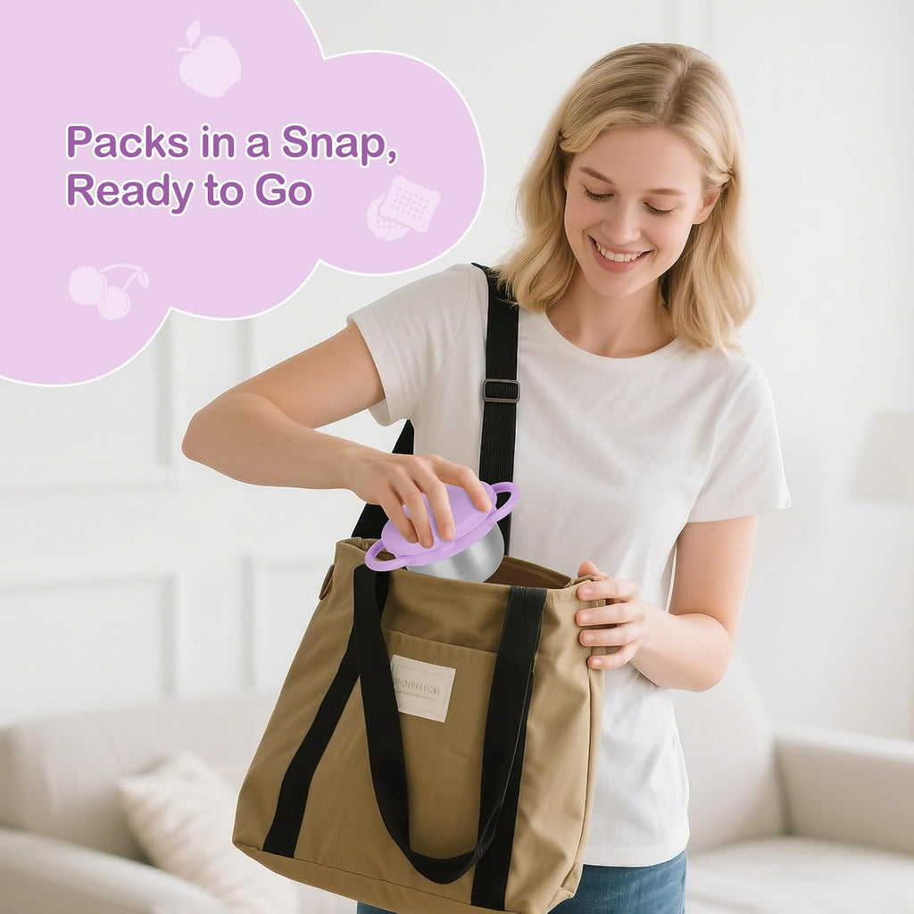 2 Pack Snack Cups for Toddlers Spill Proof - Detachable Stainless Steel Toddler Snack Cups with Silicone Lids & Handles - Dishwasher Safe Baby Snack Containers for Mess-Free Snacking (Red and Purple)