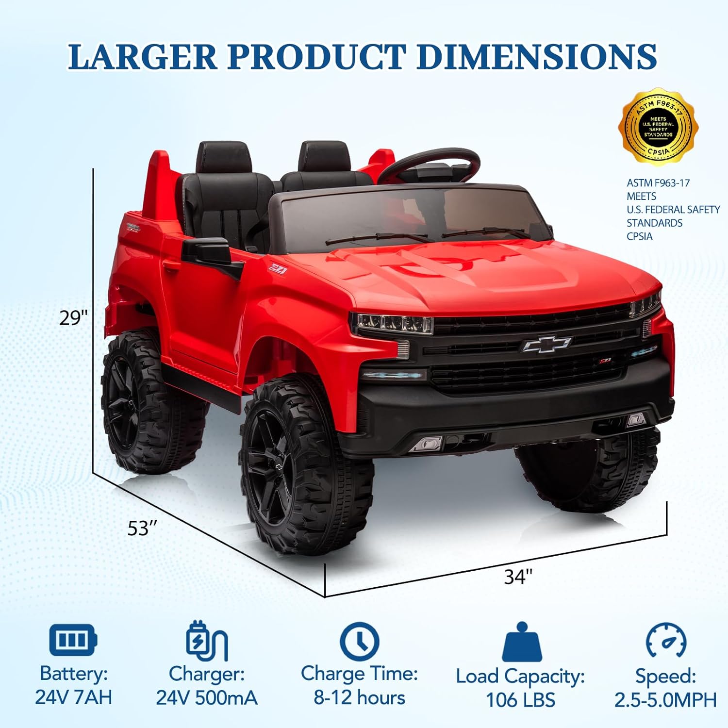 Hetoy 24V 2-Seater Truck Licensed Chevrolet Silverado Ride On Car Toy w/Parent Remote Control,4xSpring Suspension, 3 Speeds, Wireless Music, MP3 Player, Electric Vehicle Car for Kids, Red