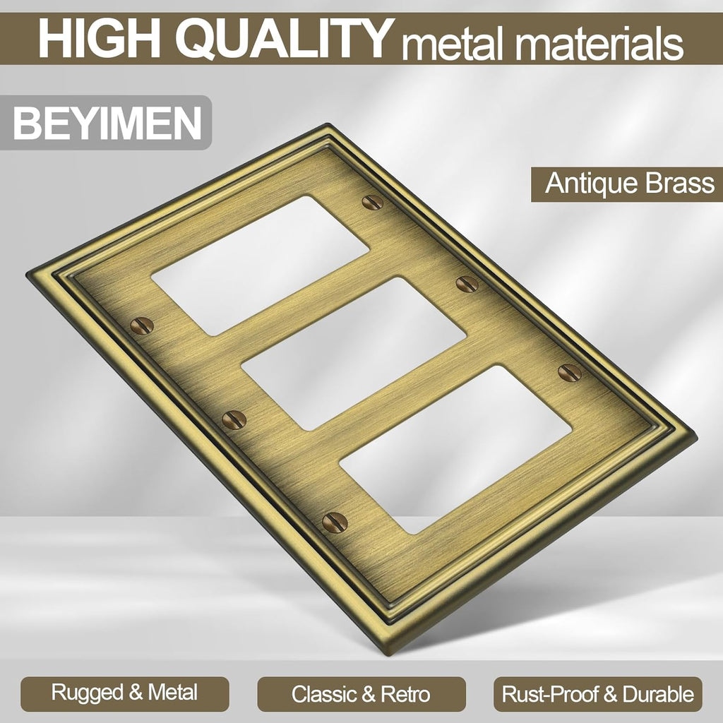 2 Pack Triple Decorator Switch Covers Wall Plate, Antique Brass Metal Material Rocker Switch Plates, 3 Gang Wall Plate for Receptacle, GFCI Outlet, Dimmer Switch - Classic Style