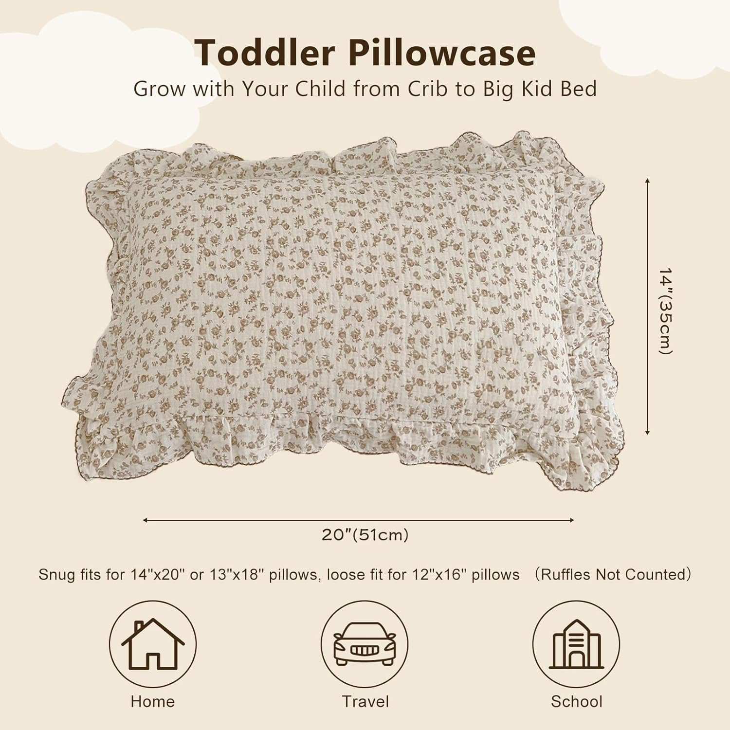 BuLuTu Cotton Muslin Kids Toddler Pillowcase with Cute Camellia Flowers Super Soft Travel Pillow Nursery Pillowcase for Boys,Girls,Bedding Decor Machine Washable, Durable Pillowcase,1 Piece,14"x20"